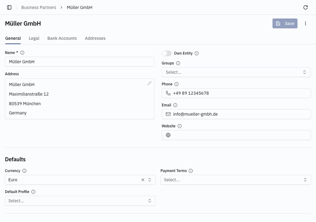 The business partner form — name, address, and details