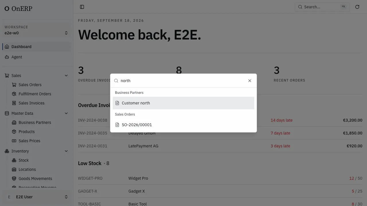The command palette open, showing the customer found for “north”