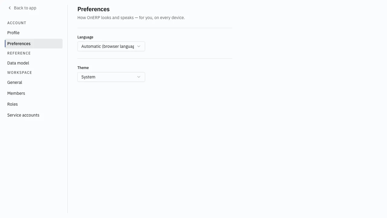 The preferences page — language and theme