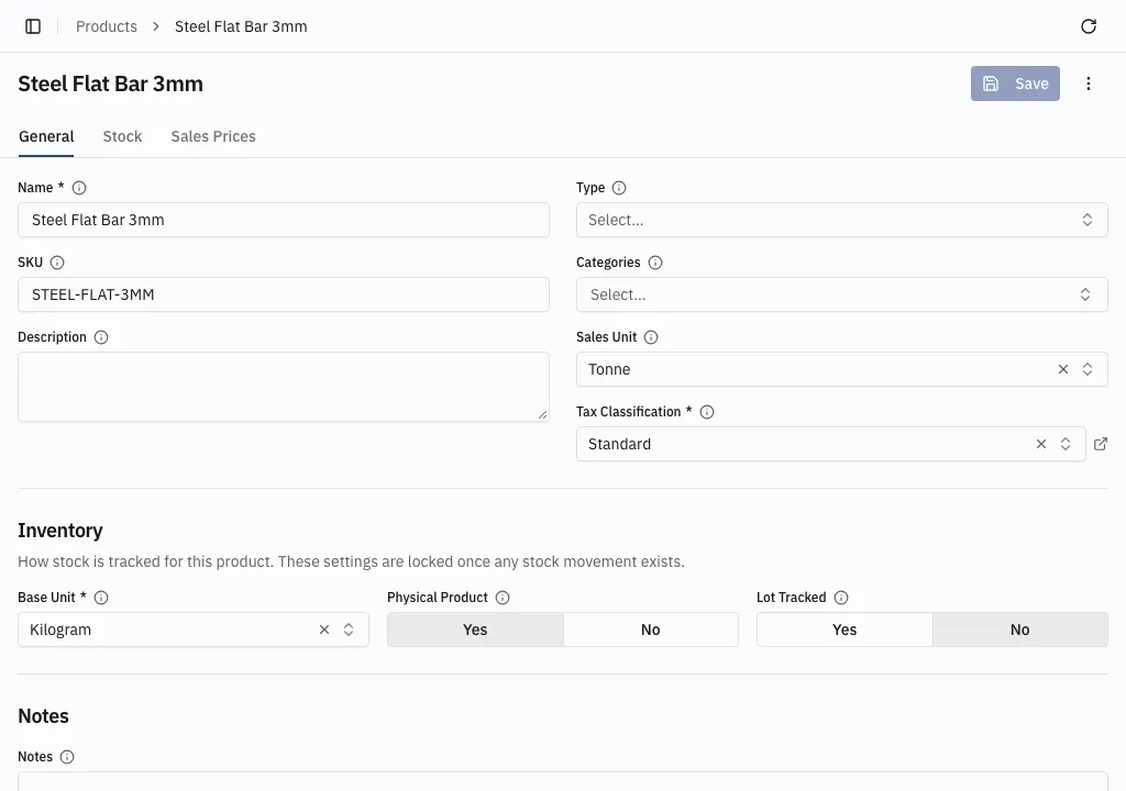The product form — identity, classification, and stock settings