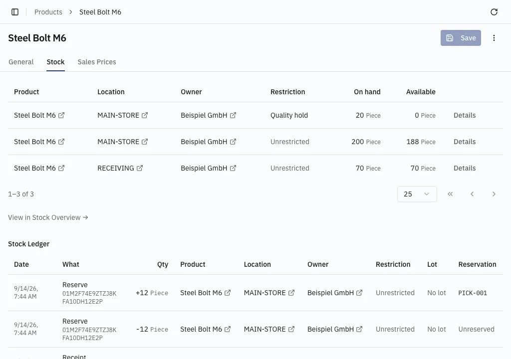 Product stock tab