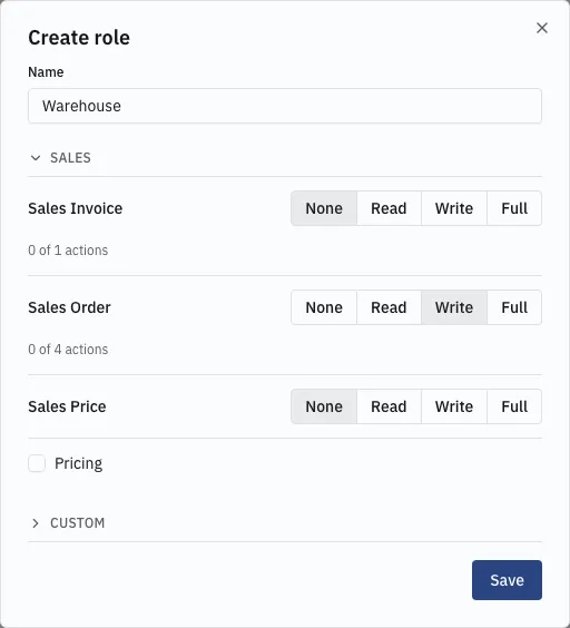 The role dialog — an access level per business object, with its actions beneath