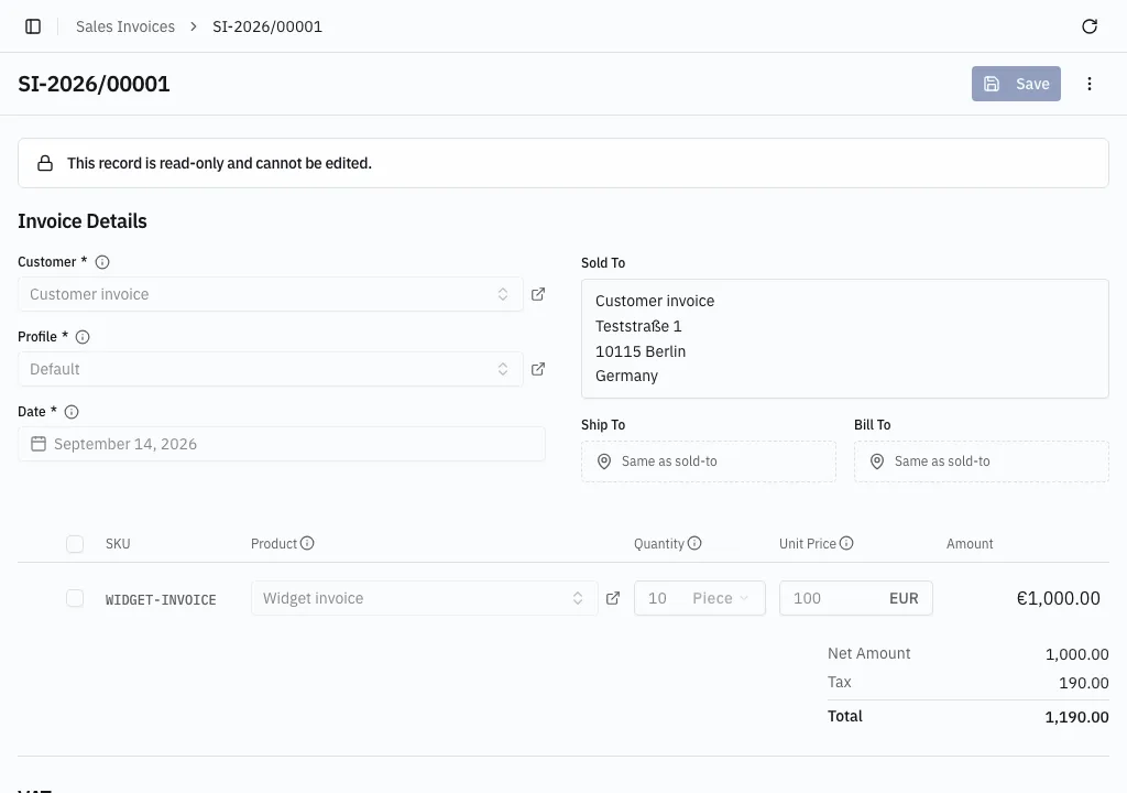 A sales invoice: customer, line item, the VAT section, and the totals panel