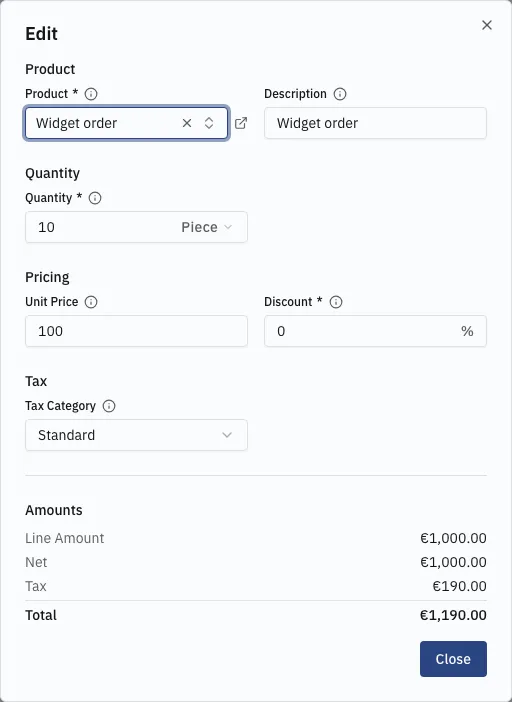 The line-item detail dialog