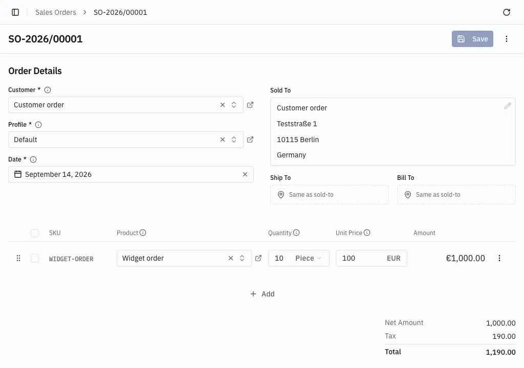 A sales order: customer, line item, the VAT section, and the totals panel