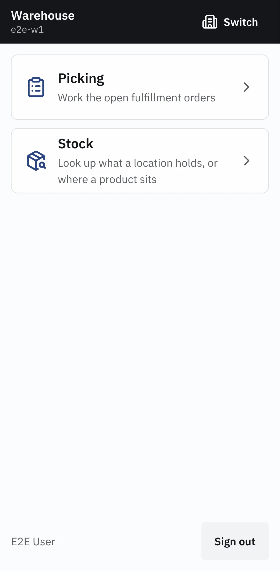 The warehouse app menu — Picking and Stock