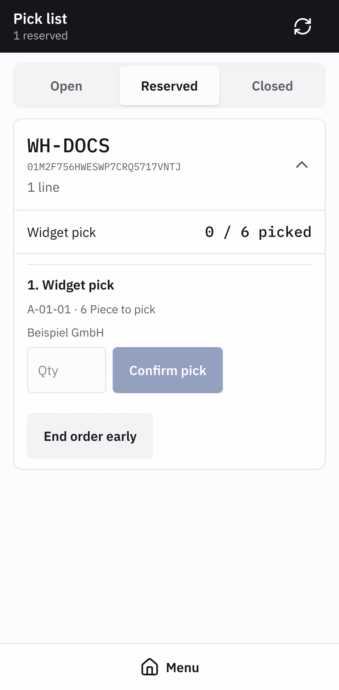 A reserved order, showing what is still to fetch and where